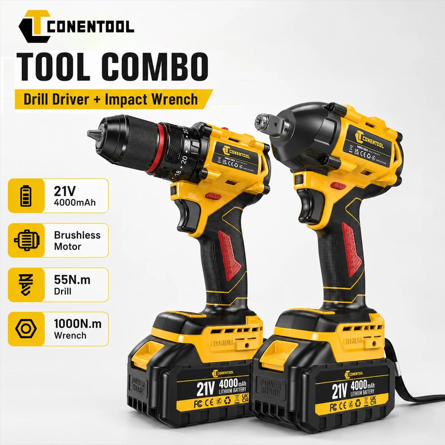 21V Brushless Cordless Drill &amp; Impact Wrench Combo Kit 4000mAh Battery