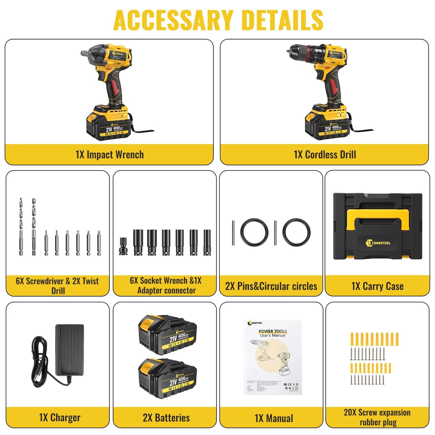 21V Brushless Cordless Drill &amp; Impact Wrench Combo Kit 4000mAh Battery