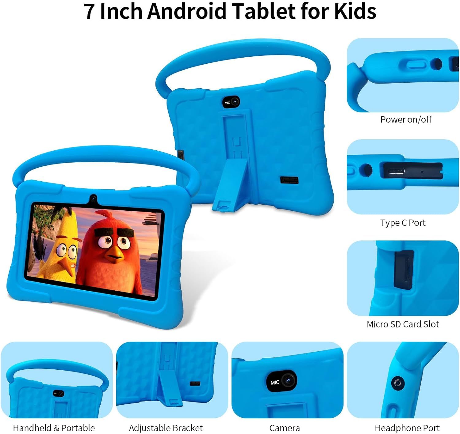 Kids Android 13 Tablet 7", 32GB ROM, Dual Camera, WiFi &amp; Parental Control – Blue