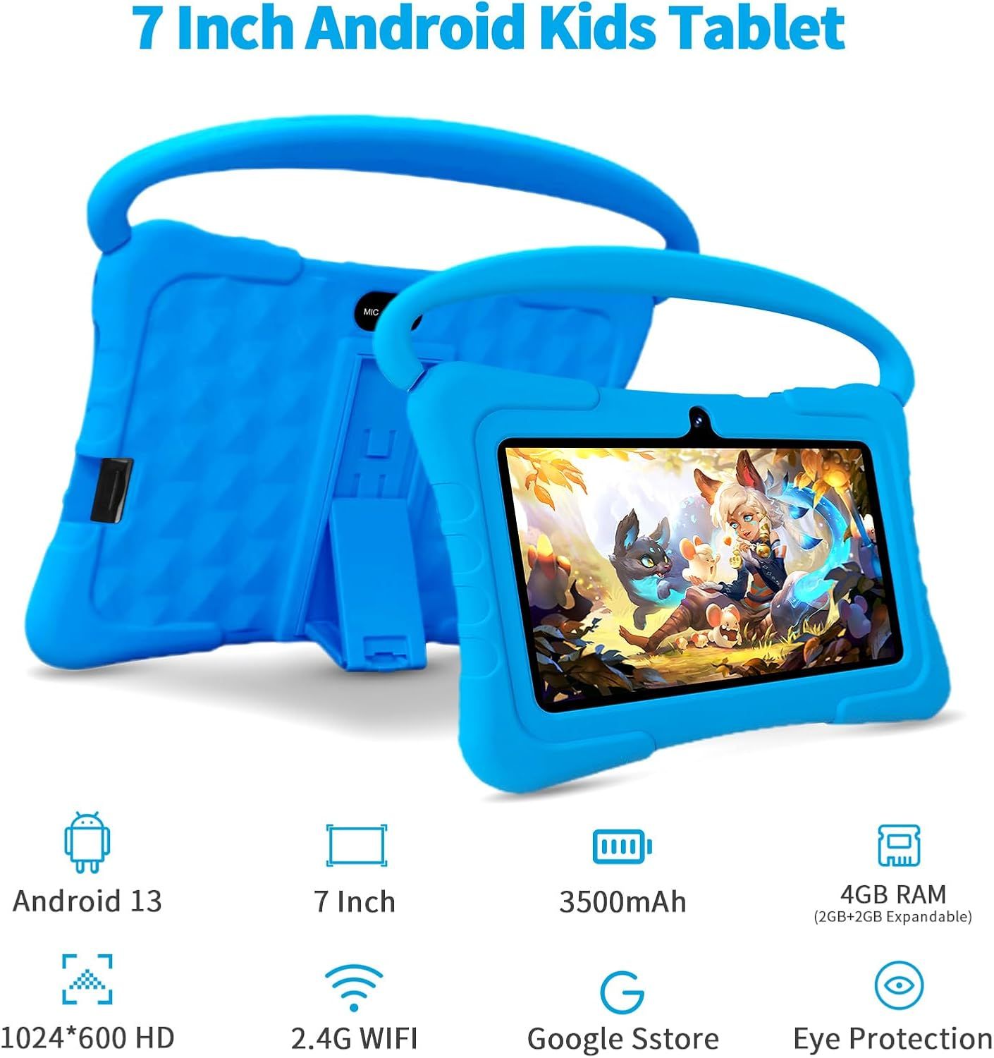 Kids Android 13 Tablet 7", 32GB ROM, Dual Camera, WiFi &amp; Parental Control – Blue