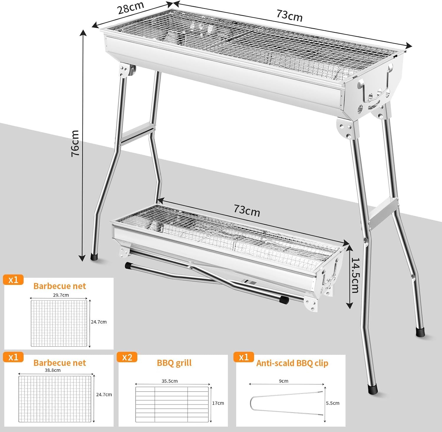 Stainless steel Charcoal Grill – Large Outdoor BBQ with Side Shelves