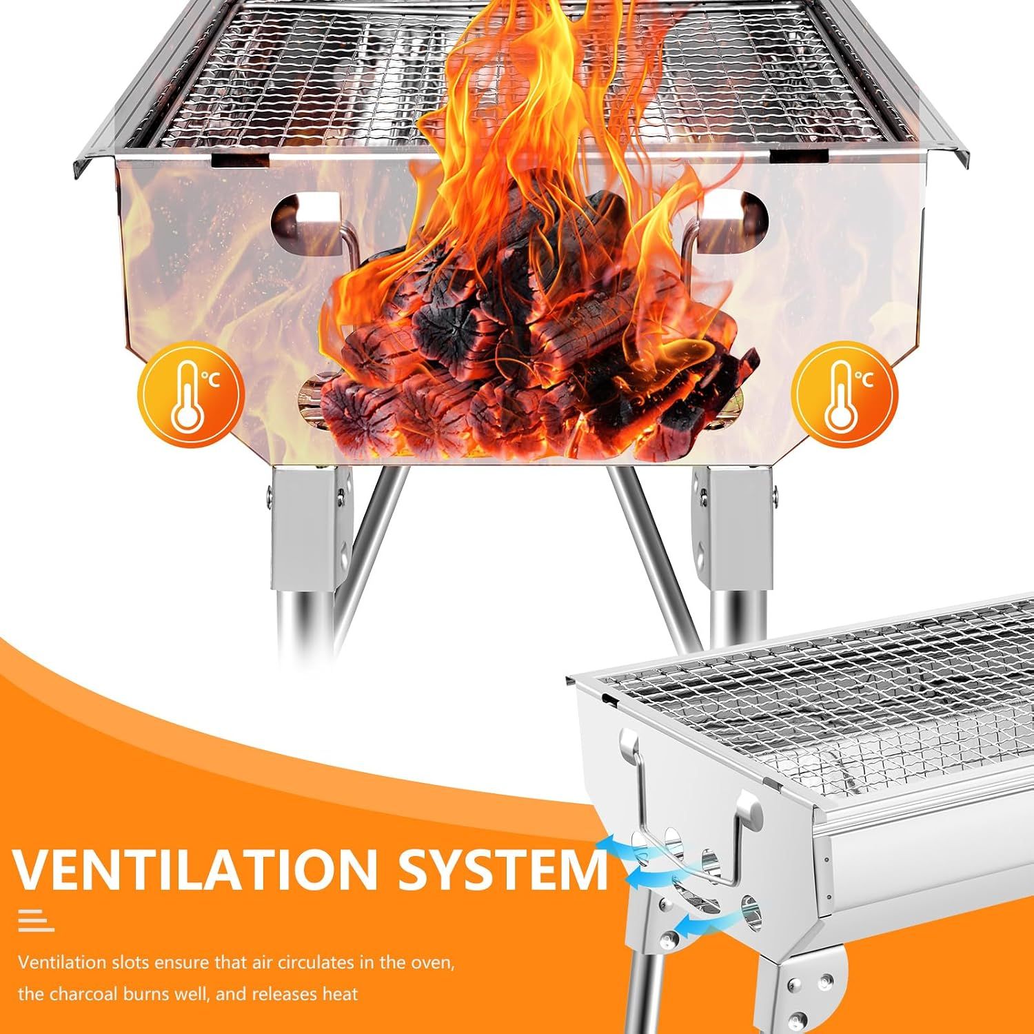 Stainless steel Charcoal Grill – Large Outdoor BBQ with Side Shelves