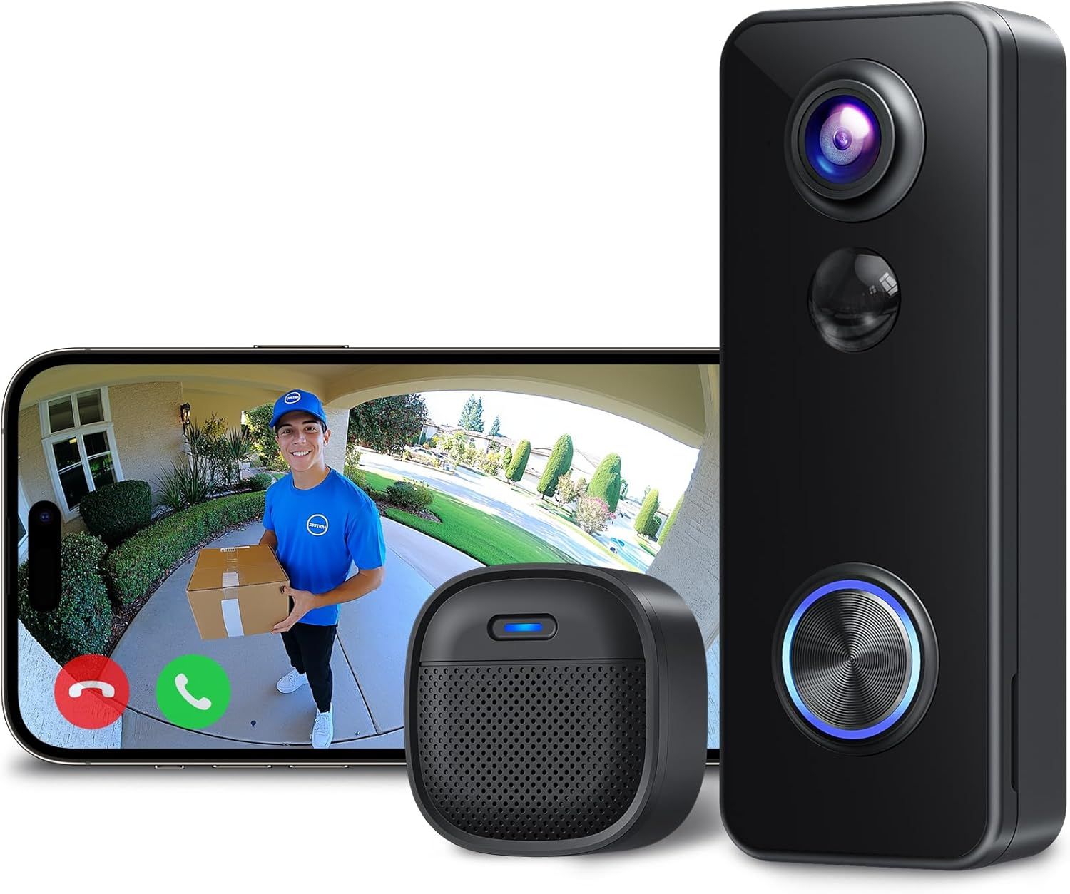 Outdoor Waterproof Wireless Doorbell — 180° Full View Security Camera, PIR Motion Sensor, Two-Way Audio, 2.4GHz WiFi Connection, SD Card Recording