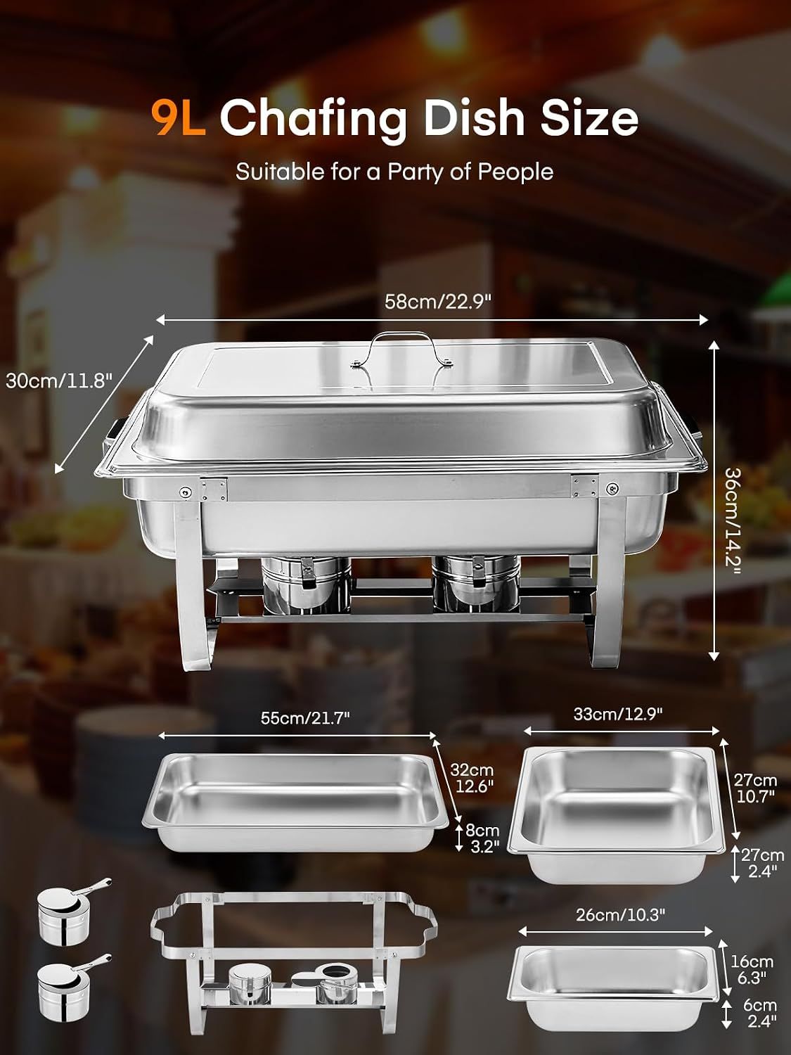 4PCS 9L Stainless Steel Buffet Warmer Set, Chafing Dish Food Warmer for Catering &amp; Parties