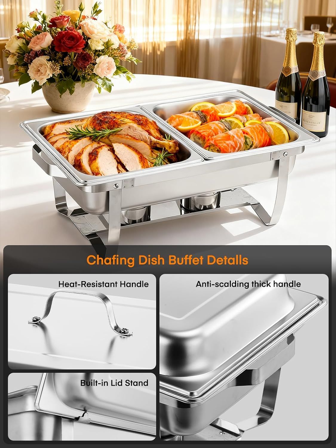 4PCS 9L Stainless Steel Buffet Warmer Set, Chafing Dish Food Warmer for Catering &amp; Parties