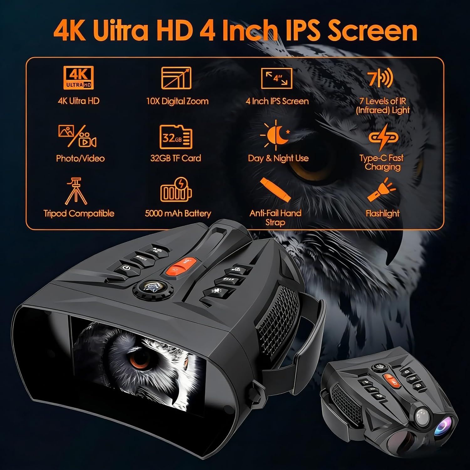 4K Digital Night Vision Binoculars with 4" Screen, 10X Zoom &amp; 5000mAh Battery