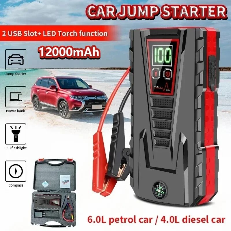 12000mAh Car Jump Starter 5000A Peak 12V Battery Booster Power Bank for Petrol &amp; Diesel