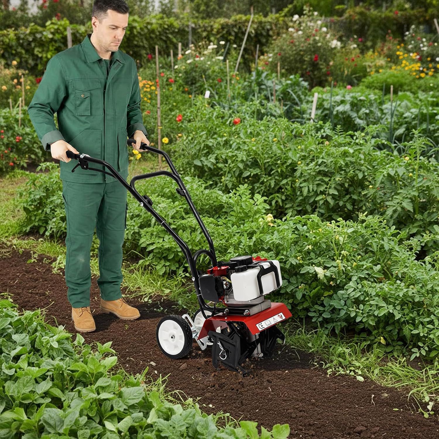 52cc Petrol Garden Tiller Cultivator 1.9KW, 30cm Working Width Rototiller with 4 Steel Blades for Soil Preparation