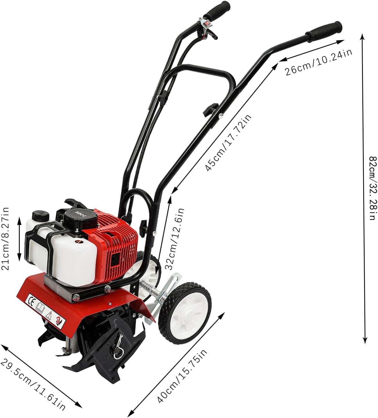 52cc Petrol Garden Tiller Cultivator 1.9KW, 30cm Working Width Rototiller with 4 Steel Blades for Soil Preparation