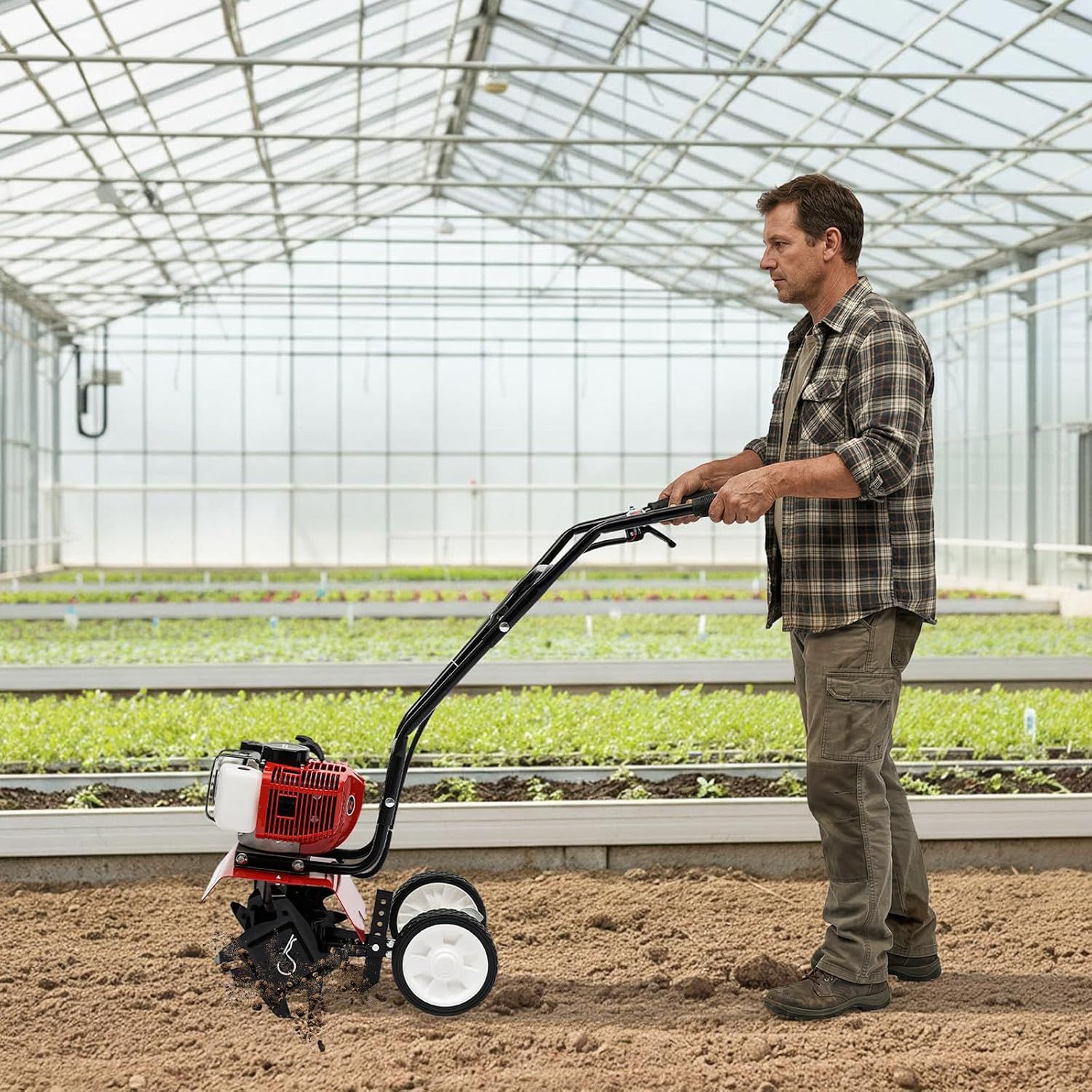 52cc Petrol Garden Tiller Cultivator 1.9KW, 30cm Working Width Rototiller with 4 Steel Blades for Soil Preparation