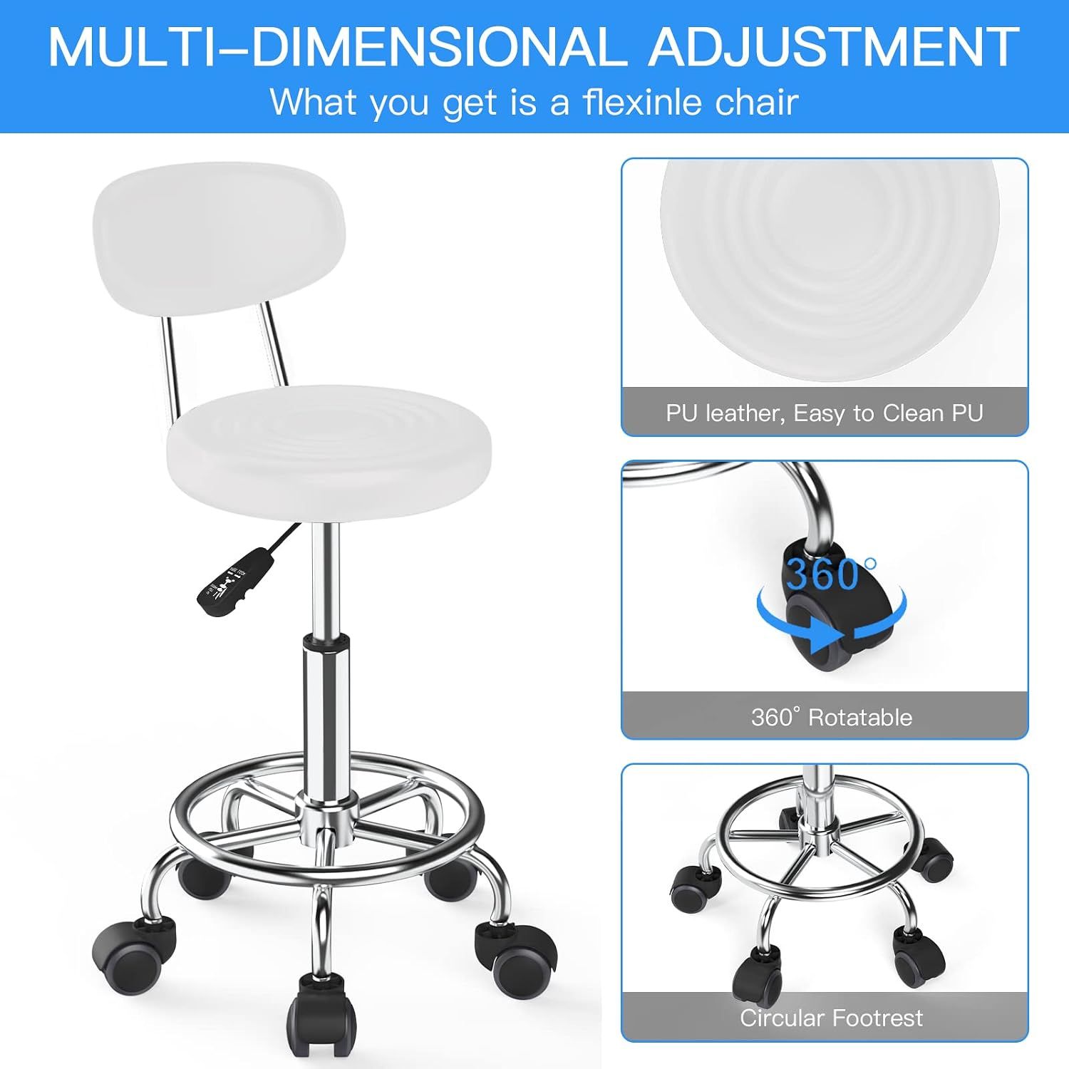Adjustable Rolling Work Stool with Backrest