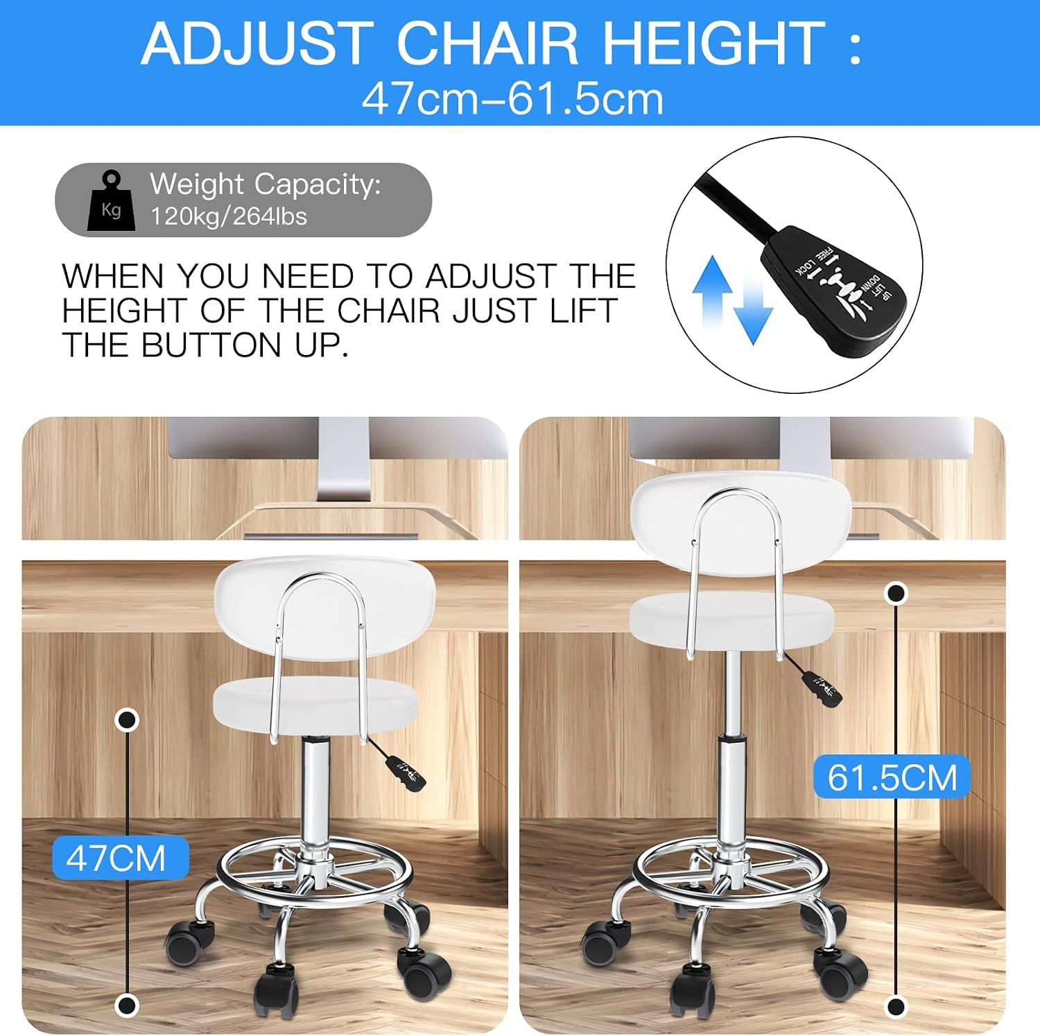 Adjustable Rolling Work Stool with Backrest