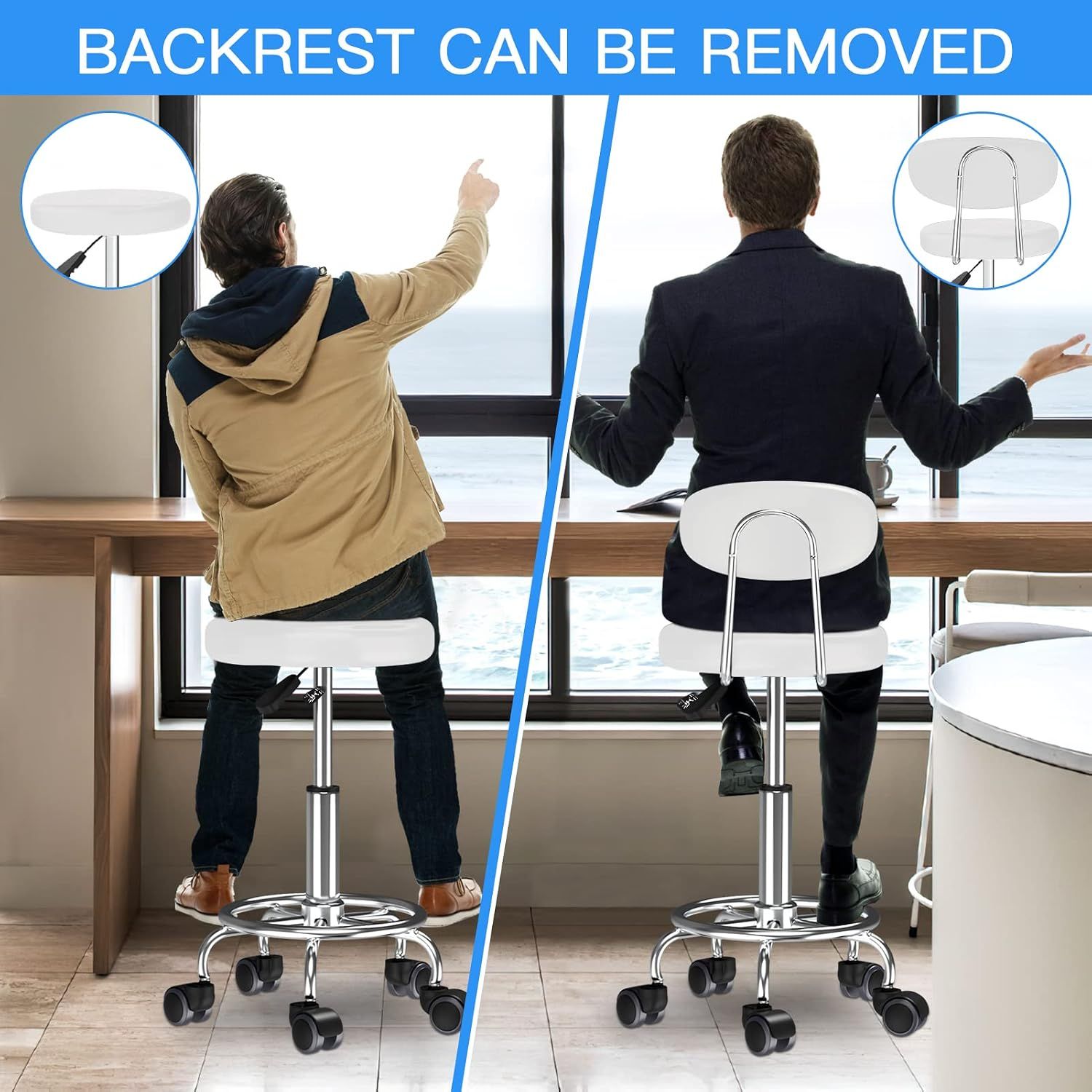Adjustable Rolling Work Stool with Backrest