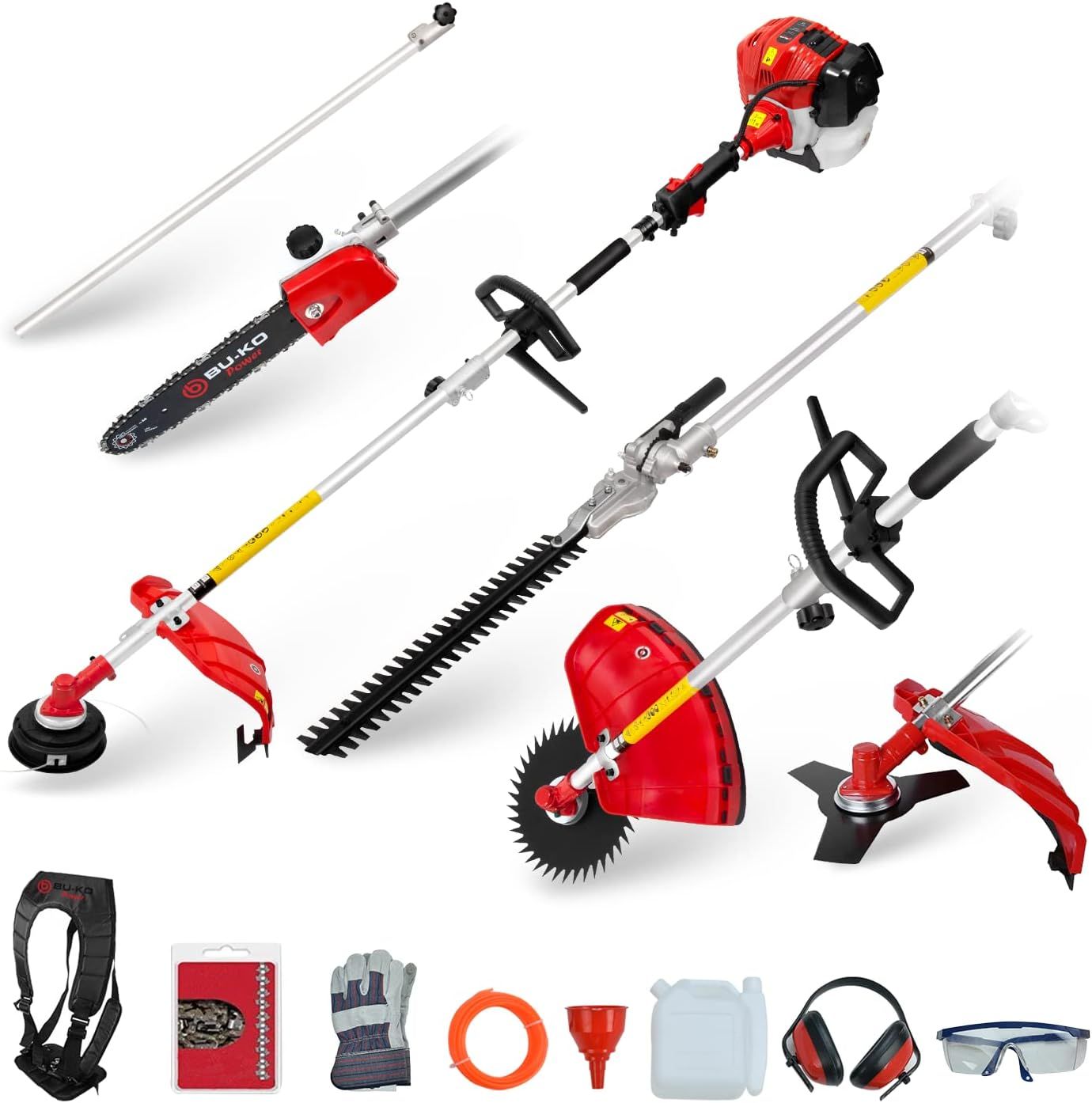 52cc Petrol Multi Functional Garden Tool, Long Reach Strimmer Hedge Trimmer Pruner Chainsaw Brush Cutter with Extension Pole