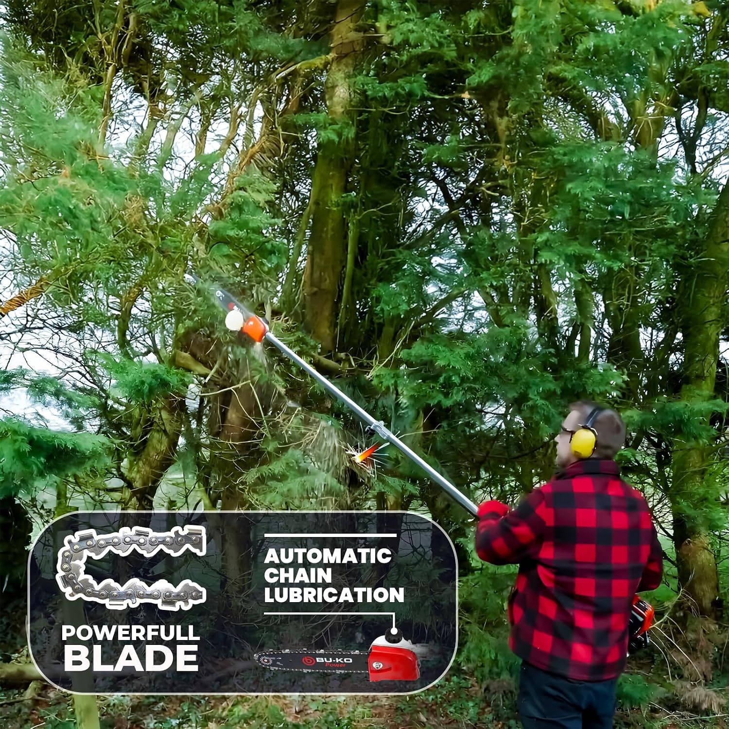 52cc Petrol Multi Functional Garden Tool, Long Reach Strimmer Hedge Trimmer Pruner Chainsaw Brush Cutter with Extension Pole
