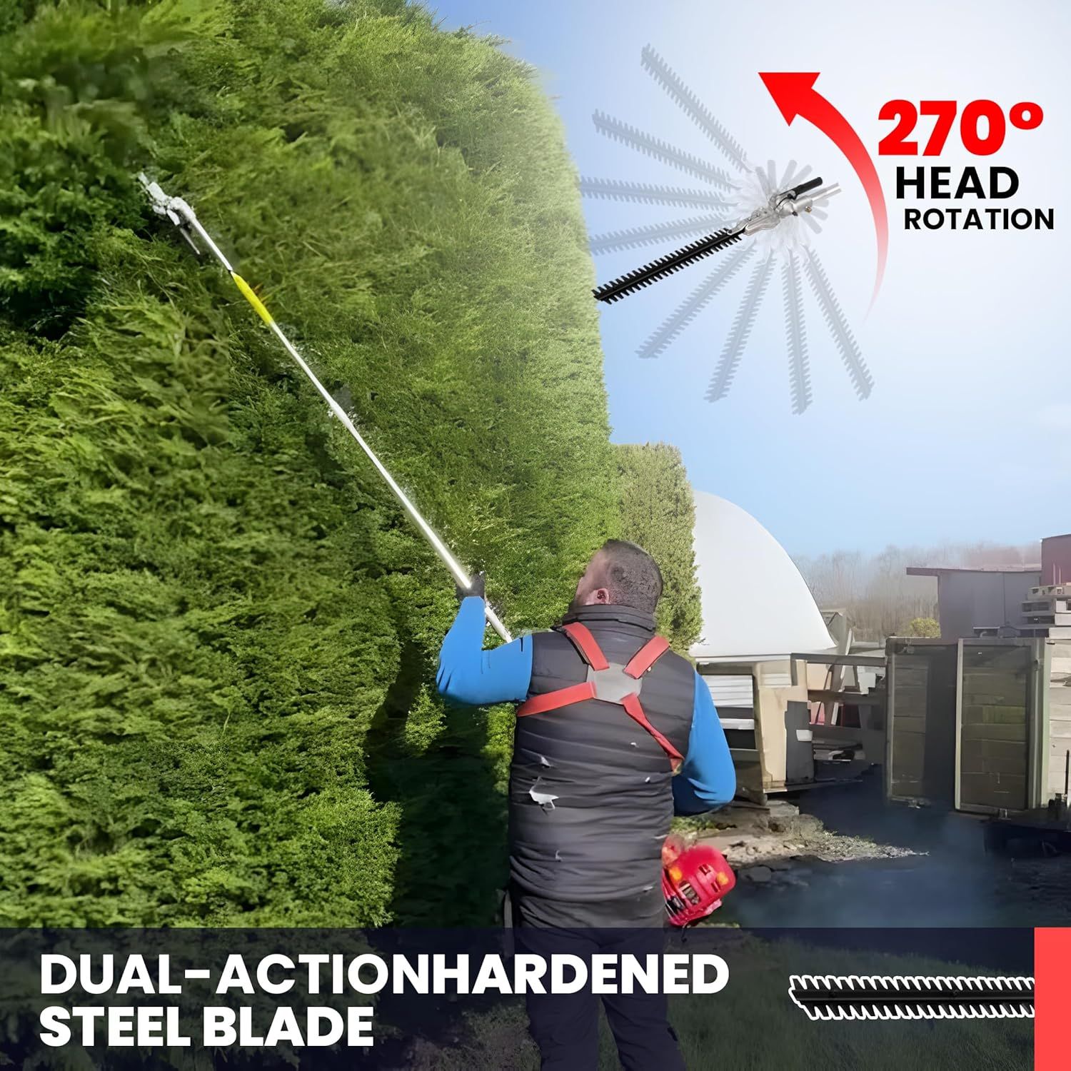 52cc Petrol Multi Functional Garden Tool, Long Reach Strimmer Hedge Trimmer Pruner Chainsaw Brush Cutter with Extension Pole