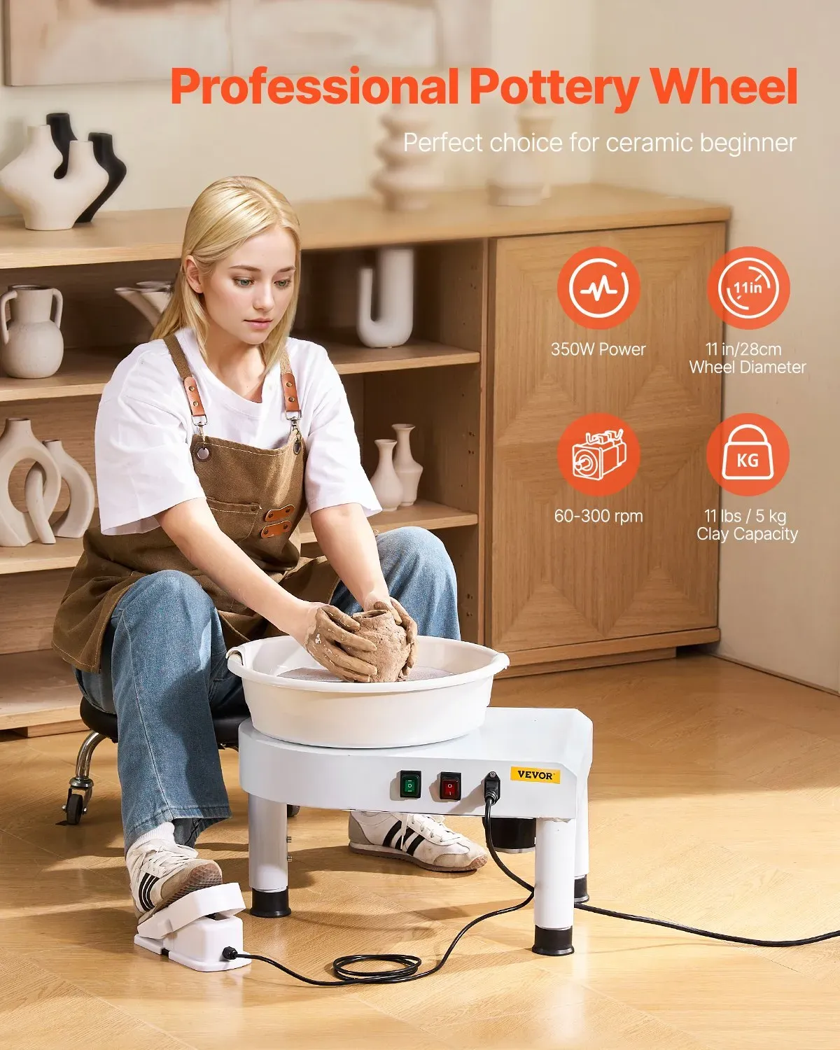 28cm Pottery Wheel Ceramic Clay Forming Machine 60 300 RPM with Pedal Tool Kit