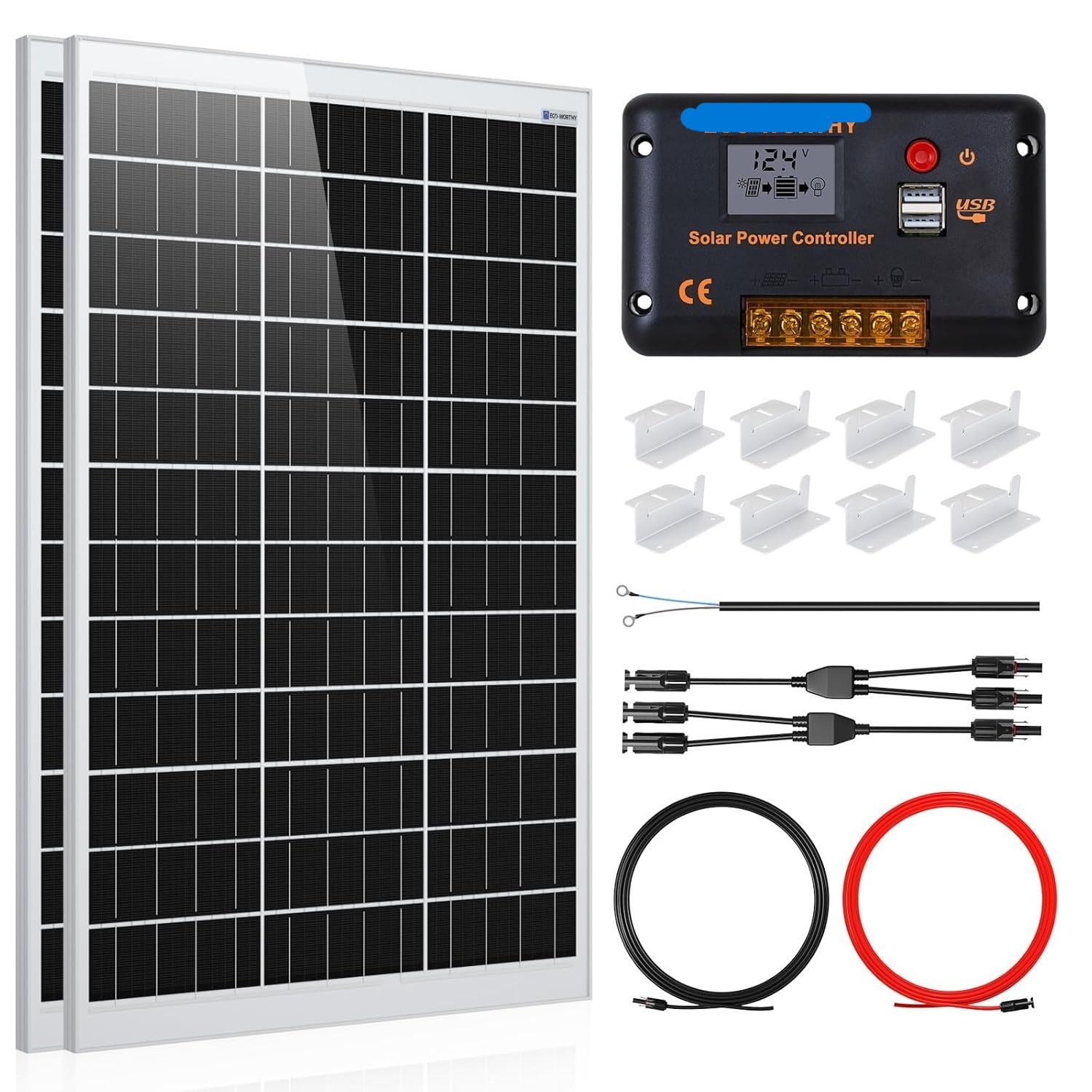 Solar Panel Kit 240W 12V System Power 1kWh/Day Off-Grid for Motorhome Car Boat Camping Shed:2pcs 120W Mono Solar Panel + 30A PWM Solar Charge Controller + Z Brackets+ Solar Extension Cables