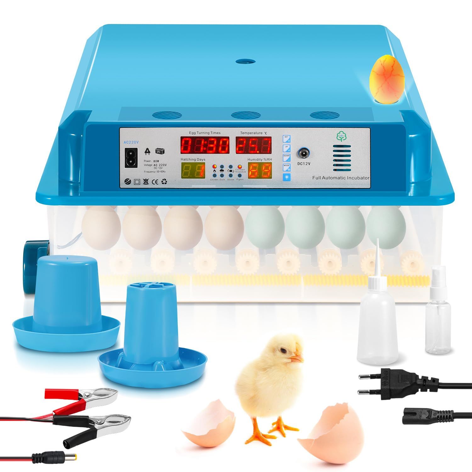 Fully Automatic 64 Egg Incubator – Auto Egg Turning, LED Lighting, Digital Control – Ideal for Chicken, Duck &amp; Quail (Blue)