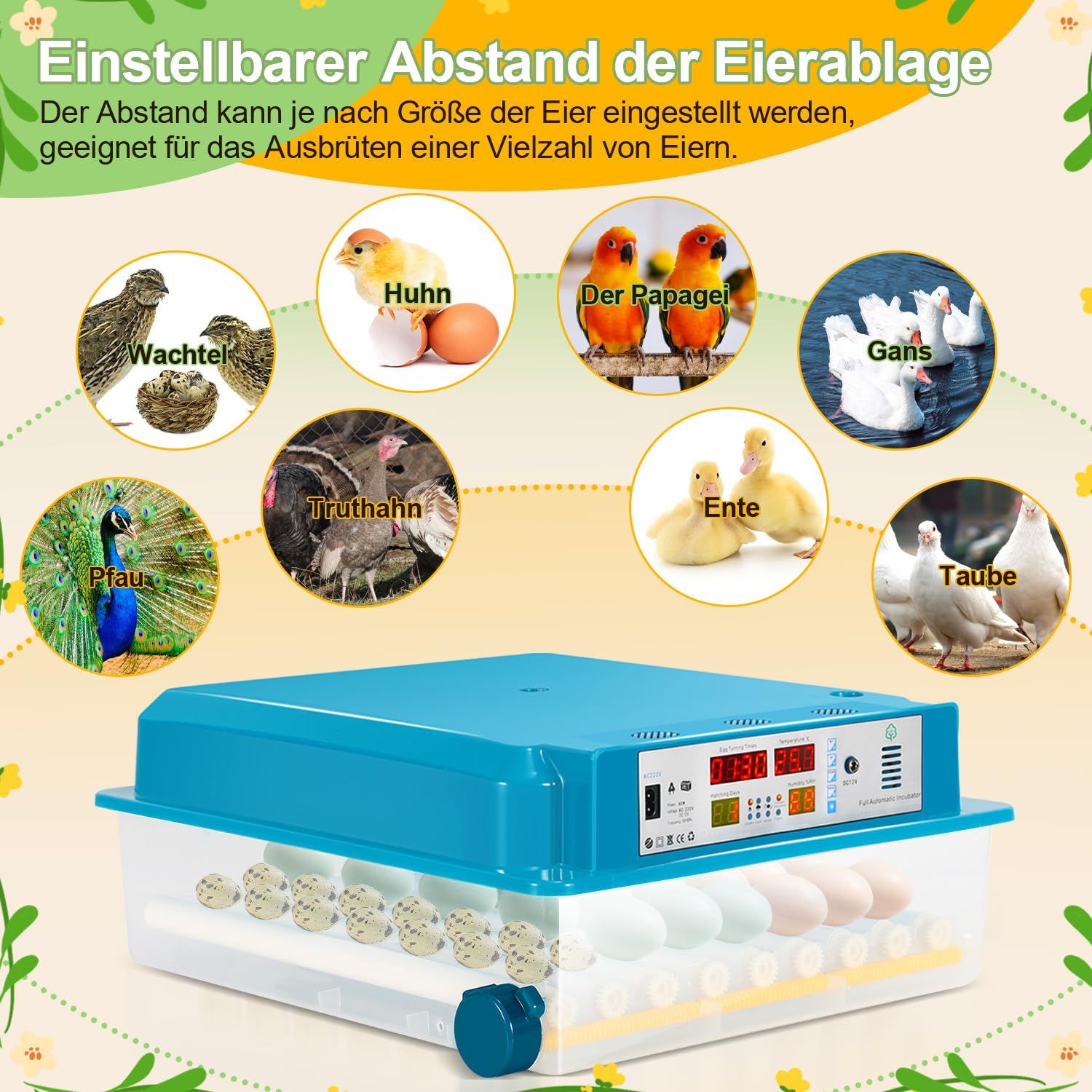 Fully Automatic 64 Egg Incubator – Auto Egg Turning, LED Lighting, Digital Control – Ideal for Chicken, Duck &amp; Quail (Blue)