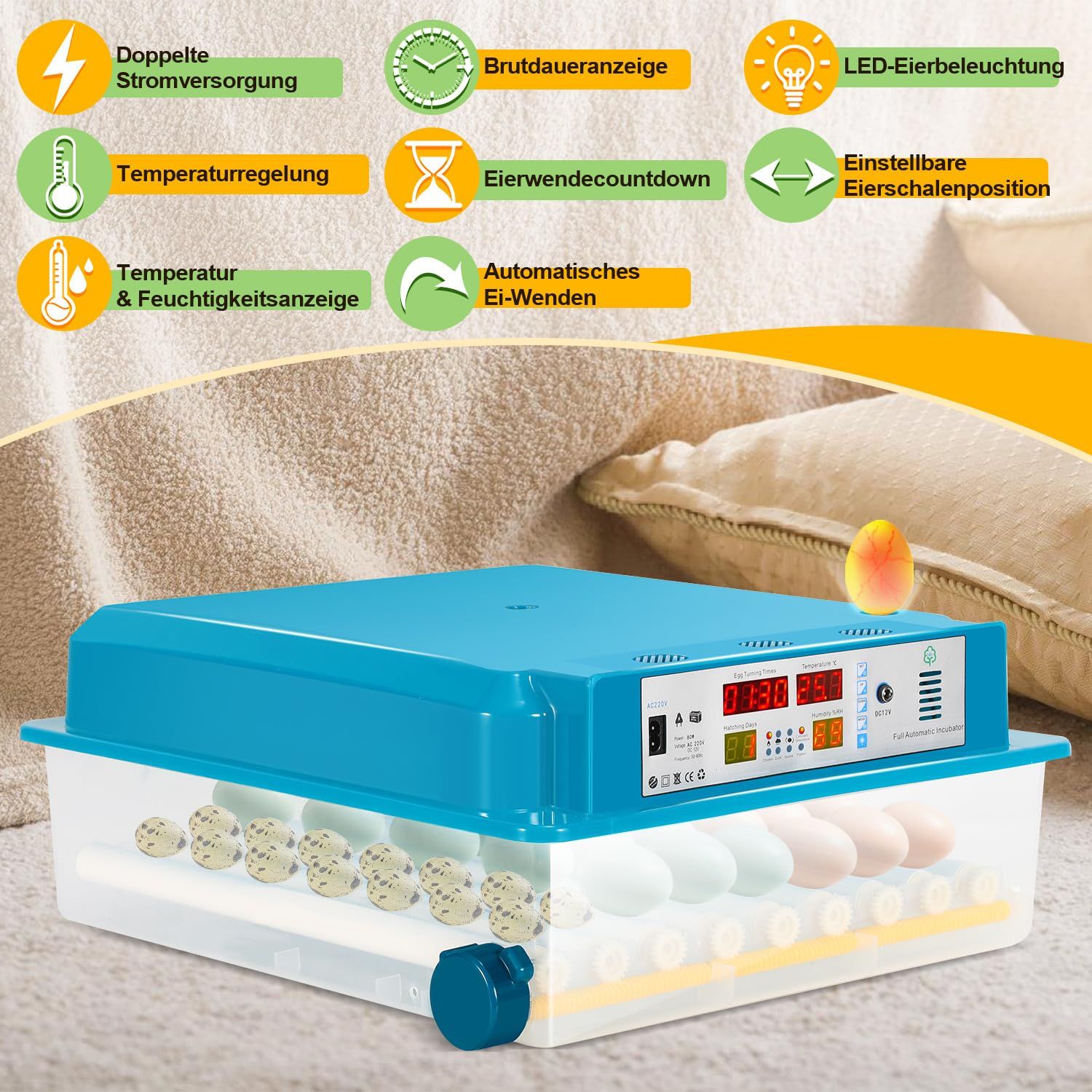 Fully Automatic 64 Egg Incubator – Auto Egg Turning, LED Lighting, Digital Control – Ideal for Chicken, Duck &amp; Quail (Blue)