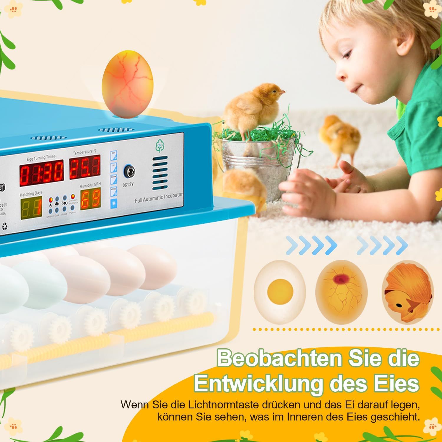 Fully Automatic 64 Egg Incubator – Auto Egg Turning, LED Lighting, Digital Control – Ideal for Chicken, Duck &amp; Quail (Blue)