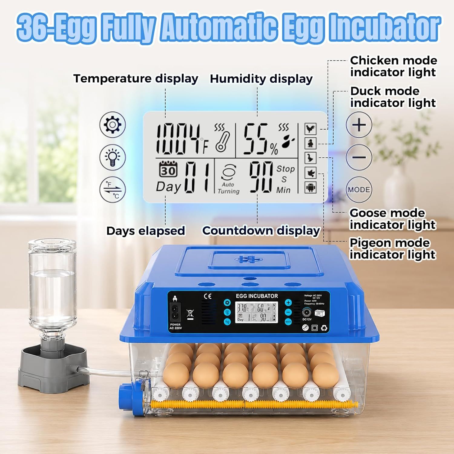 36 Egg Fully Automatic Incubator Temperature Humidity