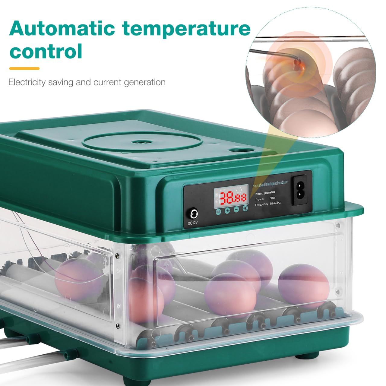 Fully Automatic Egg Incubator, Chicken Egg Hatcher with Temperature Control, Automatic Turning, Water Refill, LCD Display &amp; Dual Power