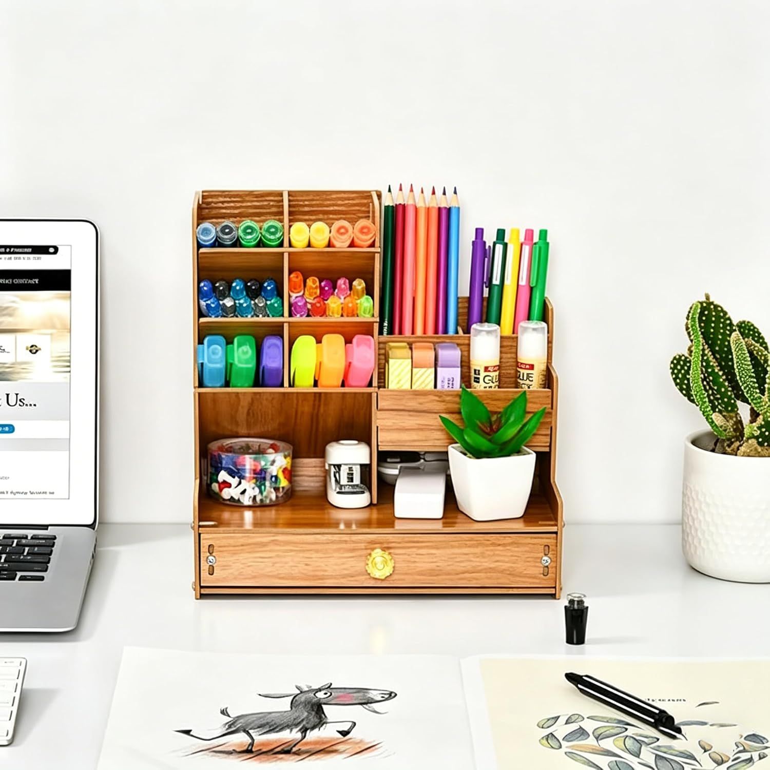 Wooden Desk Organizer, Pen Holder for Desk, Stationery Organizer, Cherry Wood Desktop Storage Caddy