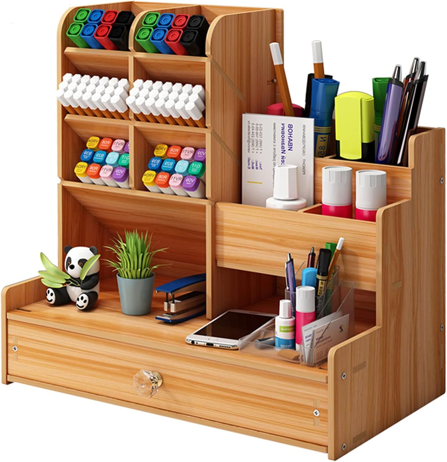 Wooden Desk Organizer, Pen Holder for Desk, Stationery Organizer, Cherry Wood Desktop Storage Caddy