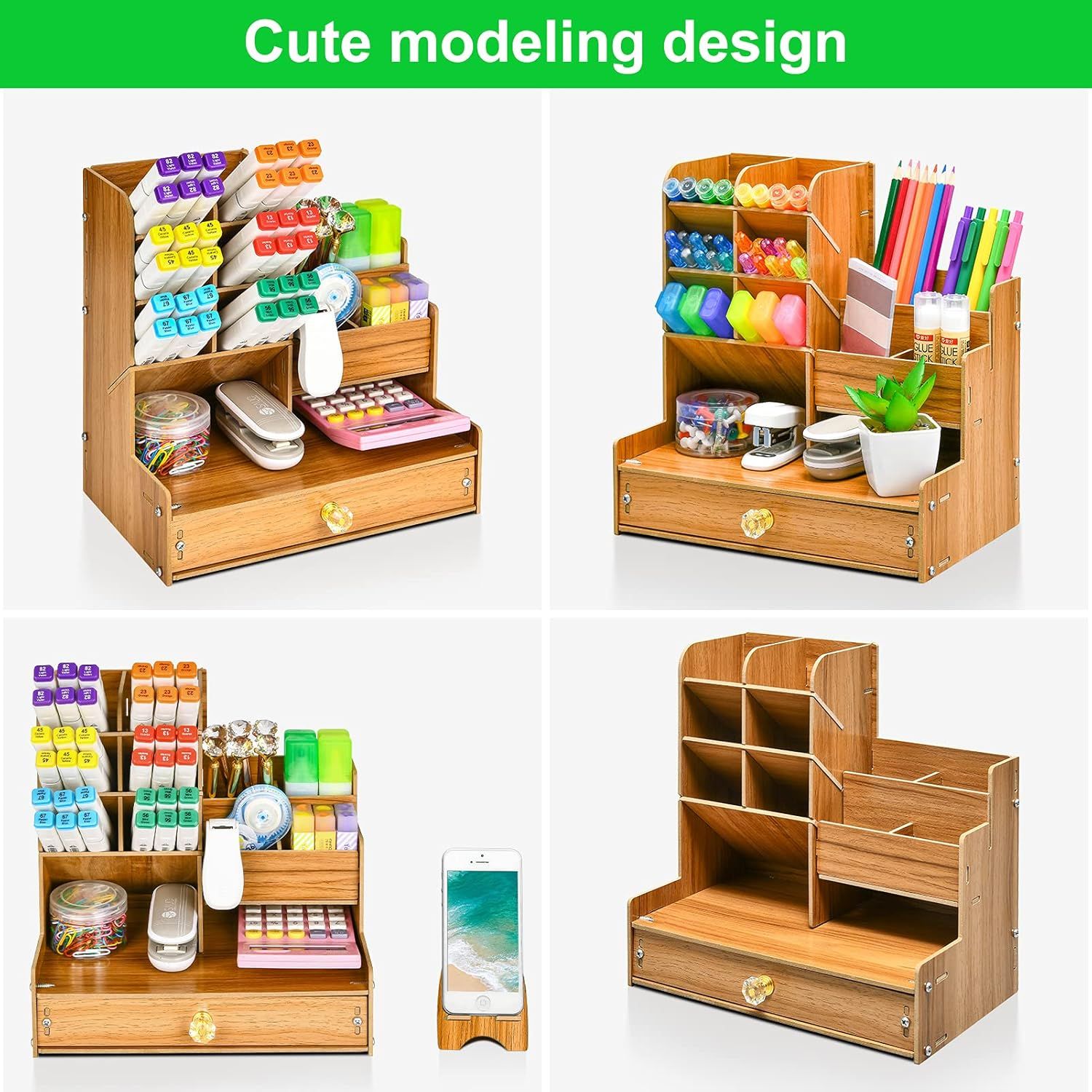 Wooden Desk Organizer, Pen Holder for Desk, Stationery Organizer, Cherry Wood Desktop Storage Caddy