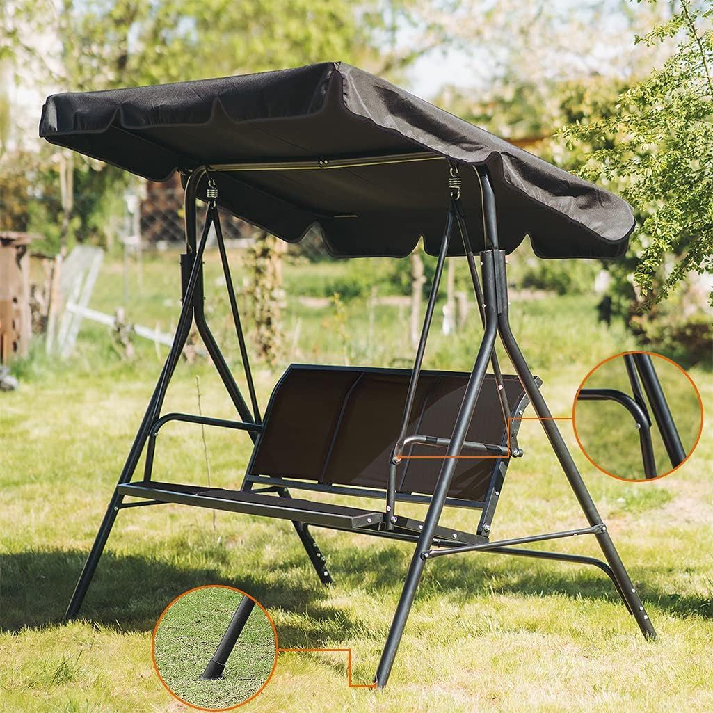 Garden Swing Garden Lounger Swing Bench 3-Seater with Removable and Adjustable Sun Canopy Black 170 x 110 x 153 cm