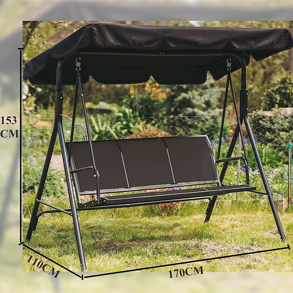 Garden Swing Garden Lounger Swing Bench 3-Seater with Removable and Adjustable Sun Canopy Black 170 x 110 x 153 cm