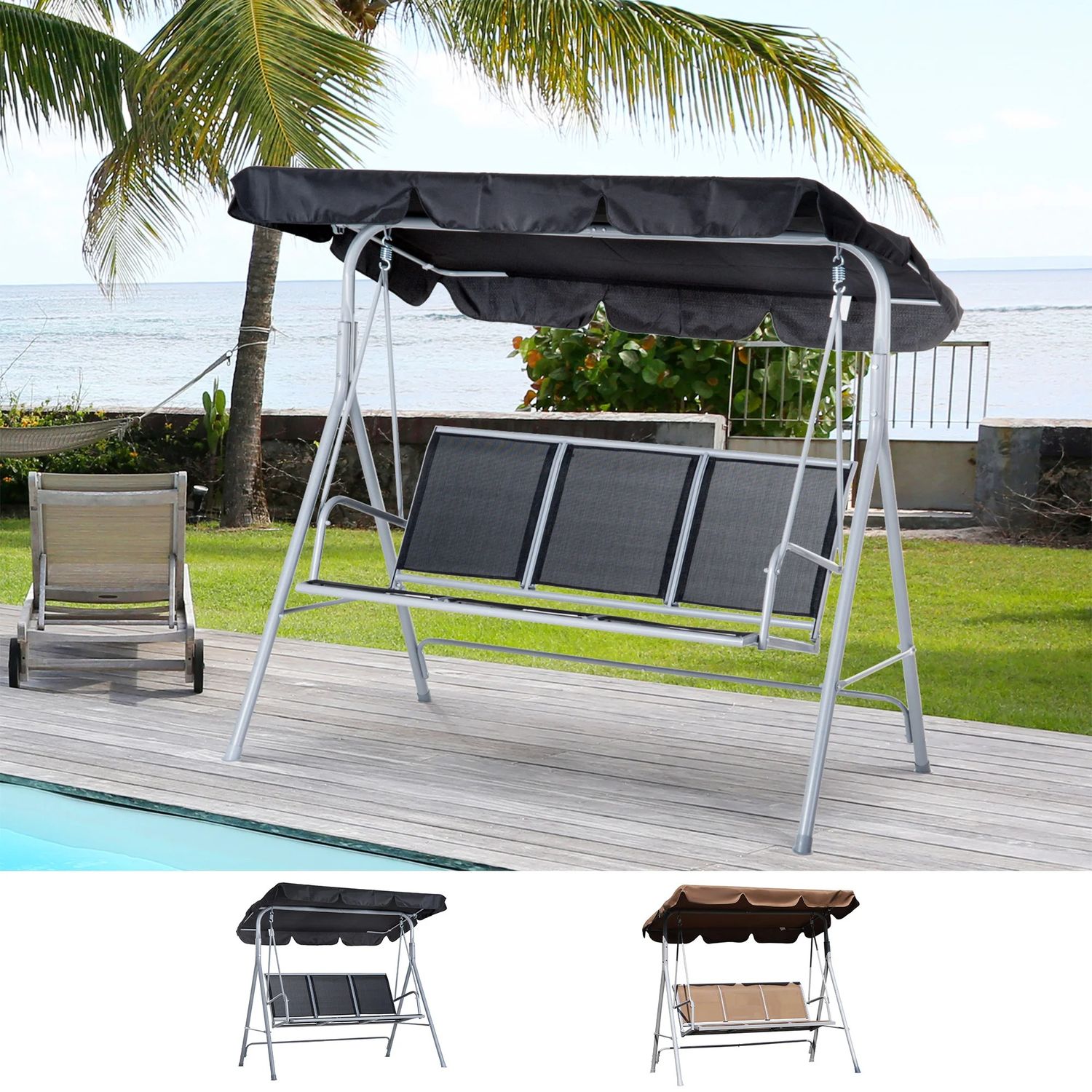 3 Seater Garden Swing Chair with Adjustable Canopy Outdoor Patio Swing