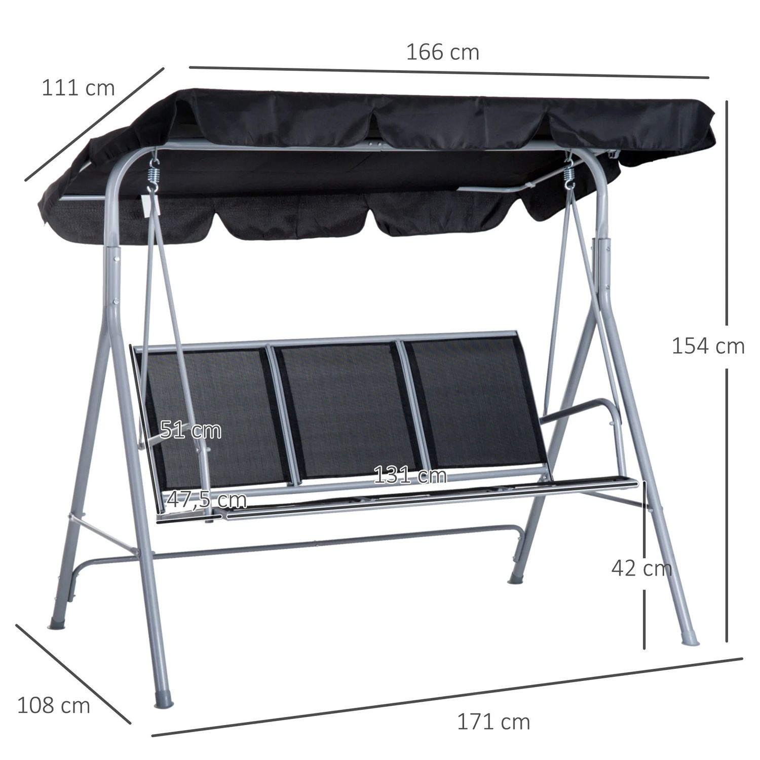 3 Seater Garden Swing Chair with Adjustable Canopy Outdoor Patio Swing