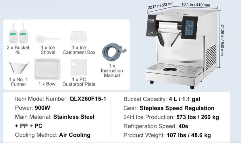 Commercial Snowflake Ice Maker, 260kg/24Hr Capacity
