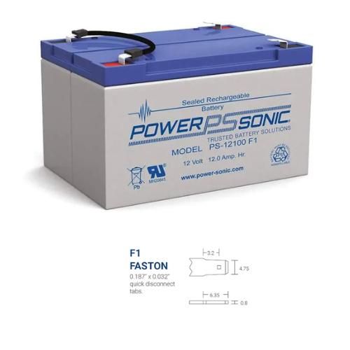 Power Sonic PS-12120 F1, a 12V 12Ah sealed lead-acid (SLA) rechargeable battery