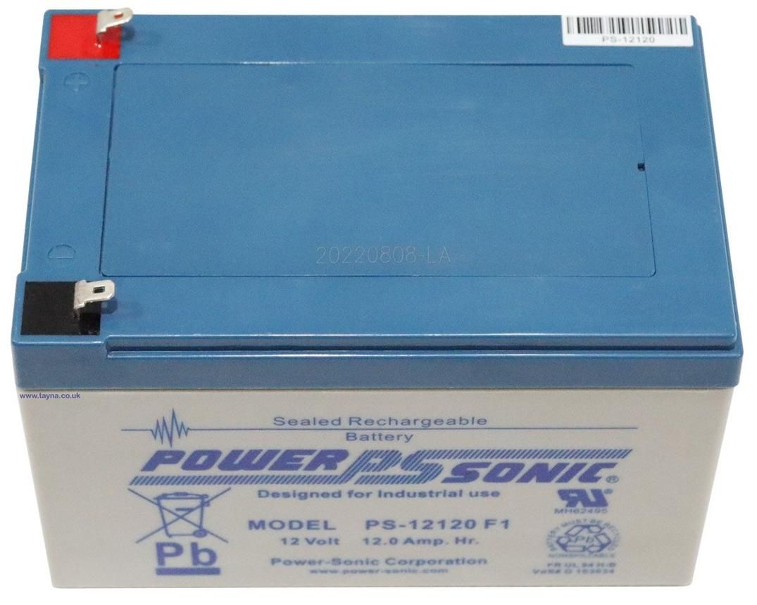 Power Sonic PS-12120 F1, a 12V 12Ah sealed lead-acid (SLA) rechargeable battery