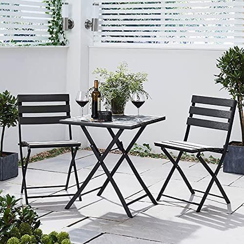 Garden Bistro Set 2 Folding Chairs &amp; Table, Outdoor Patio Furniture, Graphite Grey