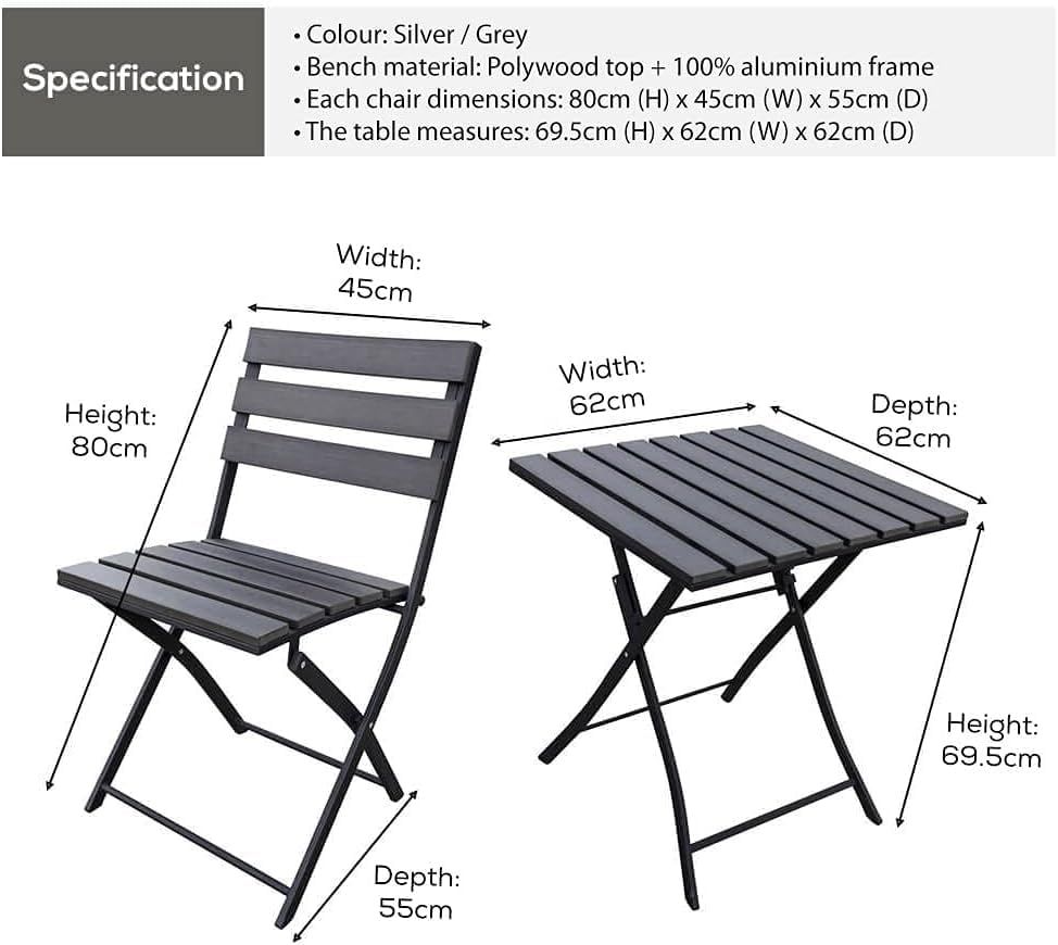 Garden Bistro Set 2 Folding Chairs &amp; Table, Outdoor Patio Furniture, Graphite Grey