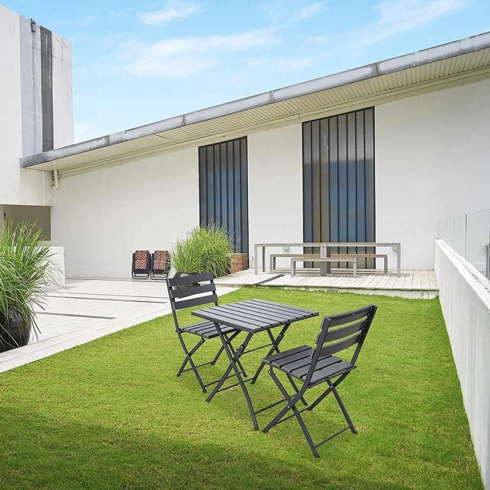 Garden Bistro Set 2 Folding Chairs &amp; Table, Outdoor Patio Furniture, Graphite Grey