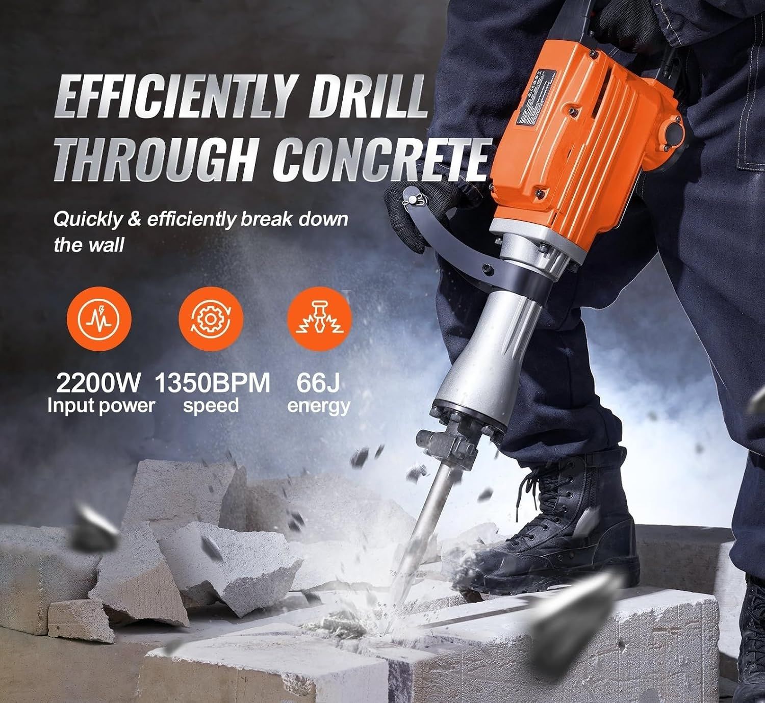 2200W Heavy-Duty Electric Jack Hammer — Concrete Breaker with 4 Chisel Bits, 2000r/min, Industrial Power Tool for Walls, Floors &amp; Tiles