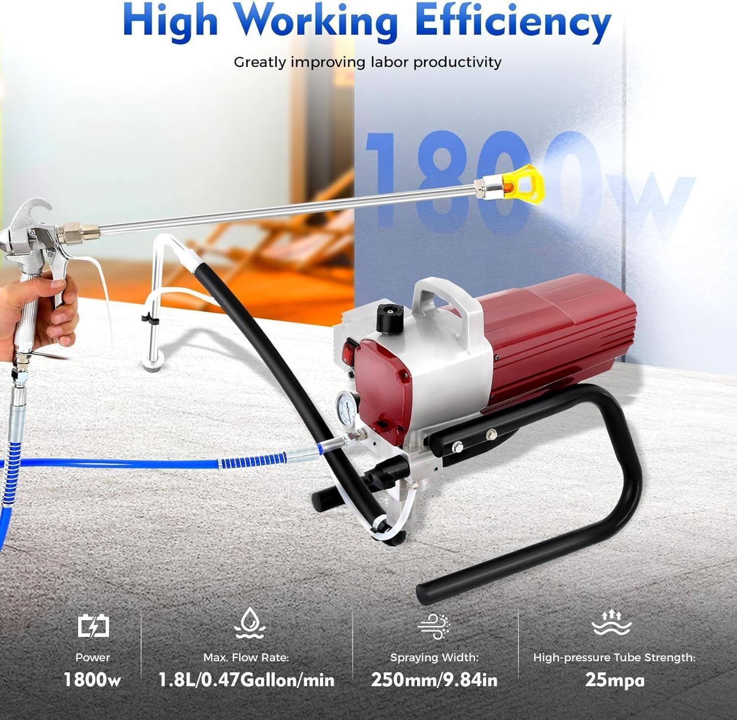 1800W Airless Spray Painting Machine — High Pressure Sprayer with 10m Hose &amp; 50Hz Operation, for Home, Office, Fence, Furniture &amp; Professional Painting