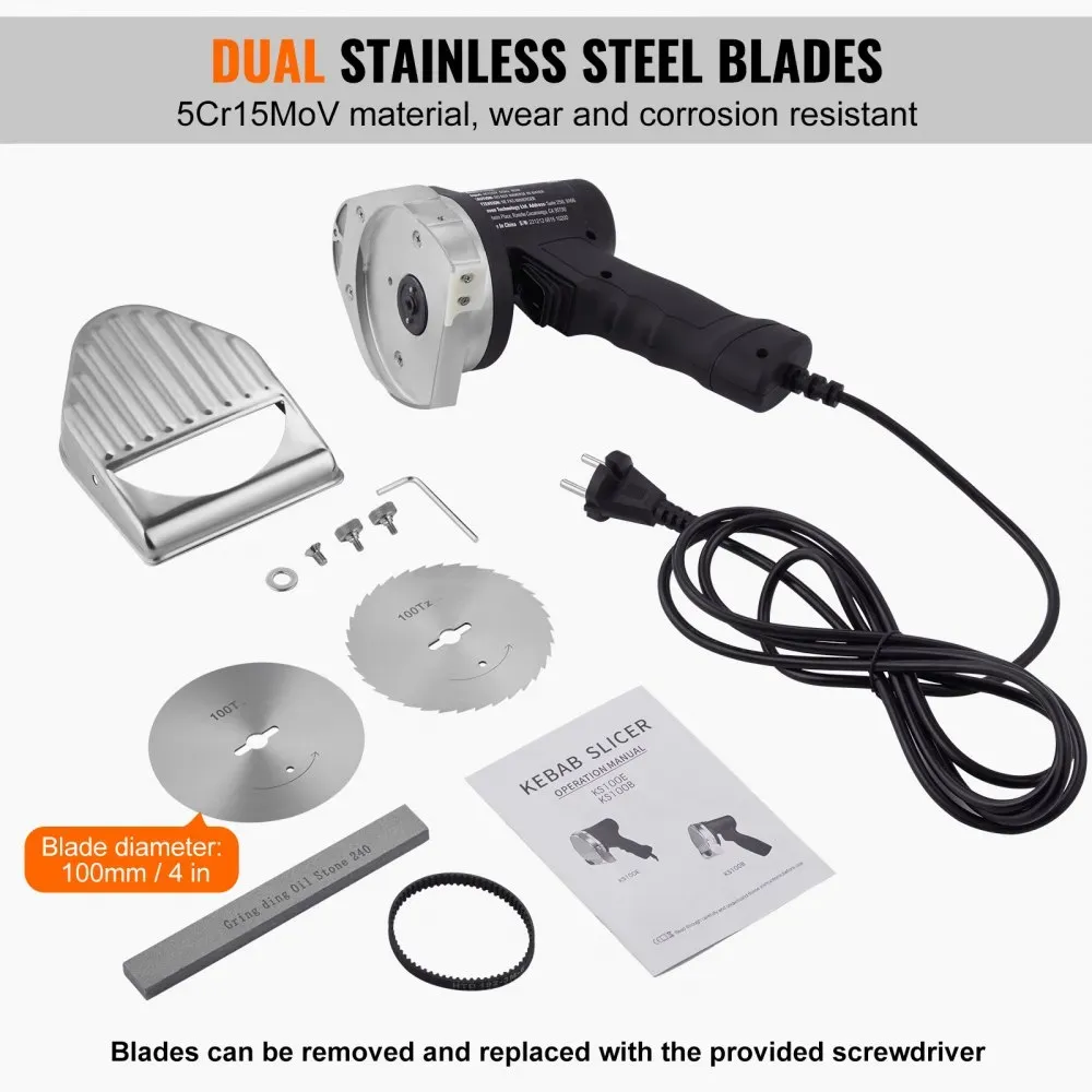 Electric Shawarma &amp; Kebab Knife — 80W Commercial Stainless Steel Gyro Slicer, 100mm Blade Diameter, Includes 2 Blades