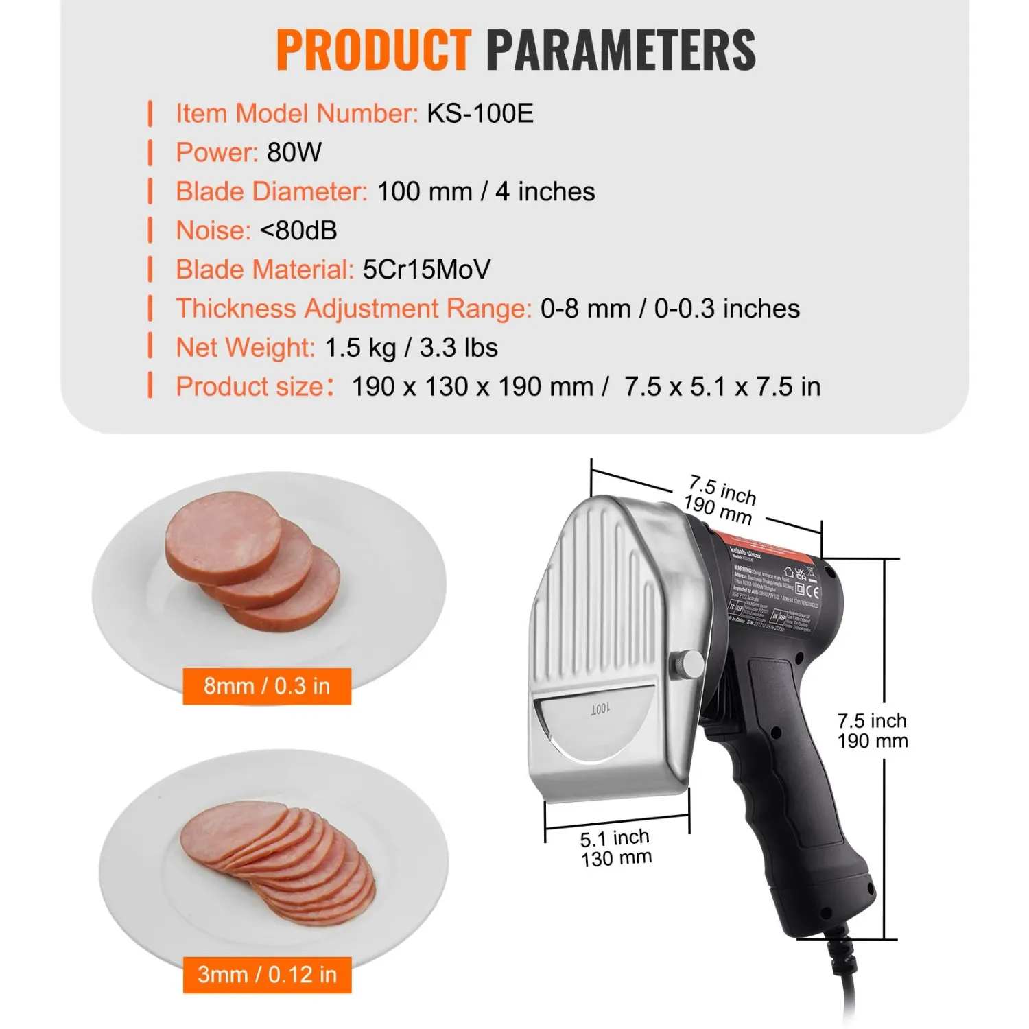 Electric Shawarma &amp; Kebab Knife — 80W Commercial Stainless Steel Gyro Slicer, 100mm Blade Diameter, Includes 2 Blades