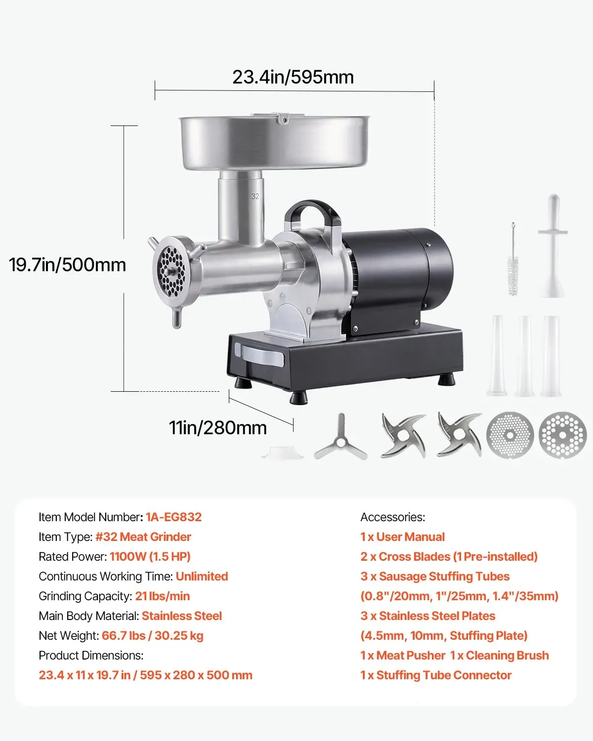 Commercial Electric Meat Grinder 1100W 1.5HP Stainless Steel Mincer with Sausage Maker Kit 9.5kg/min Capacity