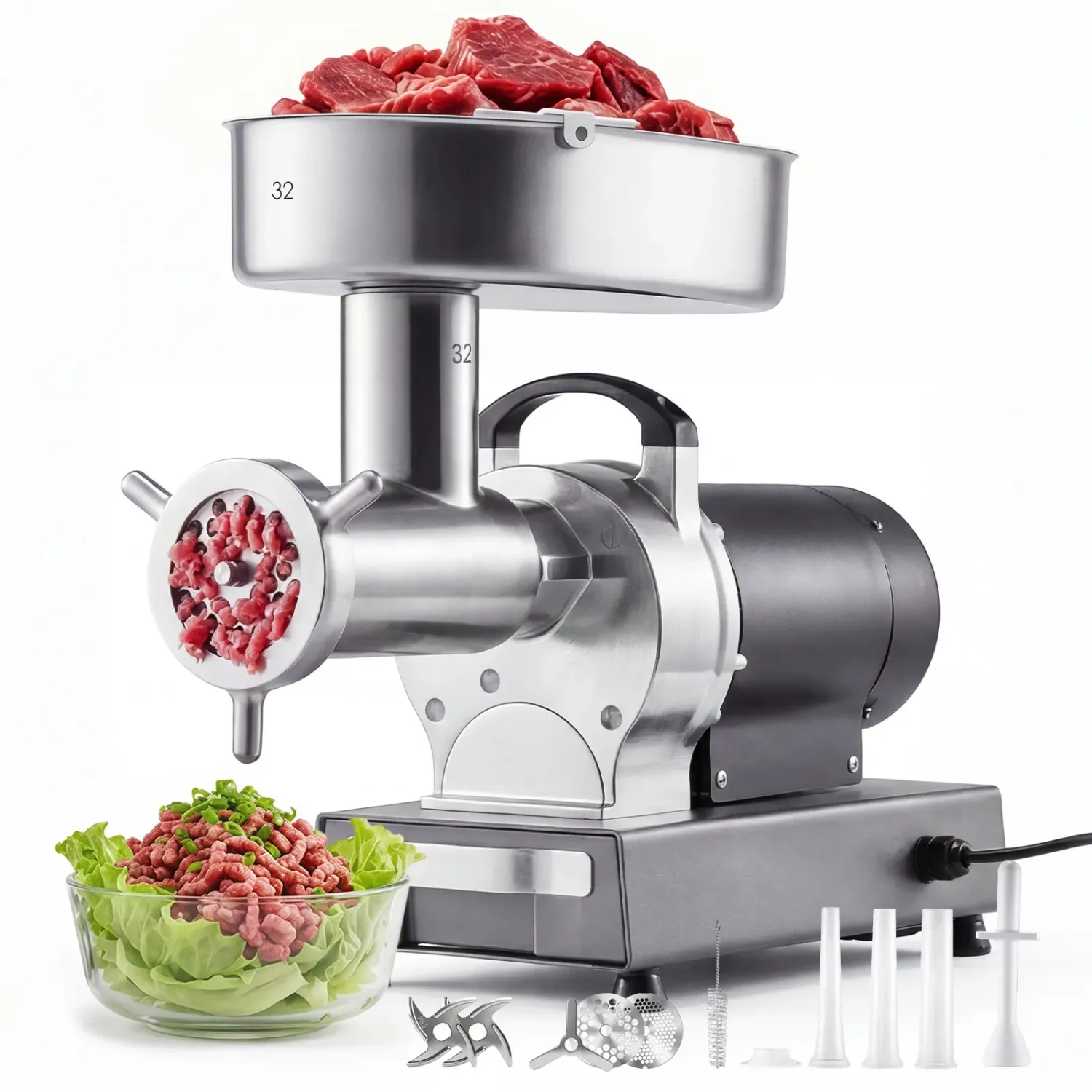 Commercial Electric Meat Grinder 1100W 1.5HP Stainless Steel Mincer with Sausage Maker Kit 9.5kg/min Capacity