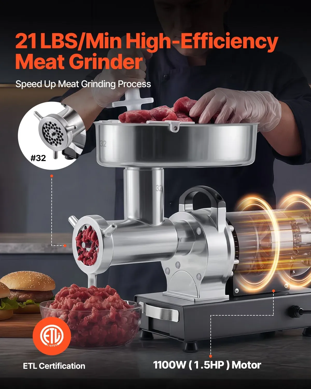 Commercial Electric Meat Grinder 1100W 1.5HP Stainless Steel Mincer with Sausage Maker Kit 9.5kg/min Capacity