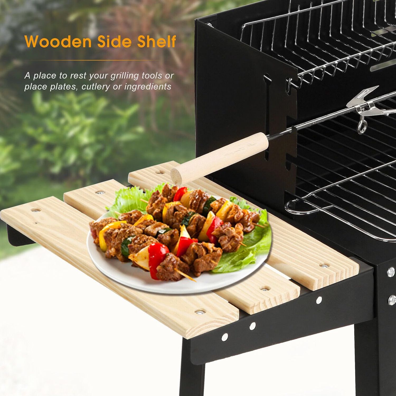 Portable Charcoal BBQ Grill, Trolley Barbecue with Warming Rack &amp; Rotisserie Spit