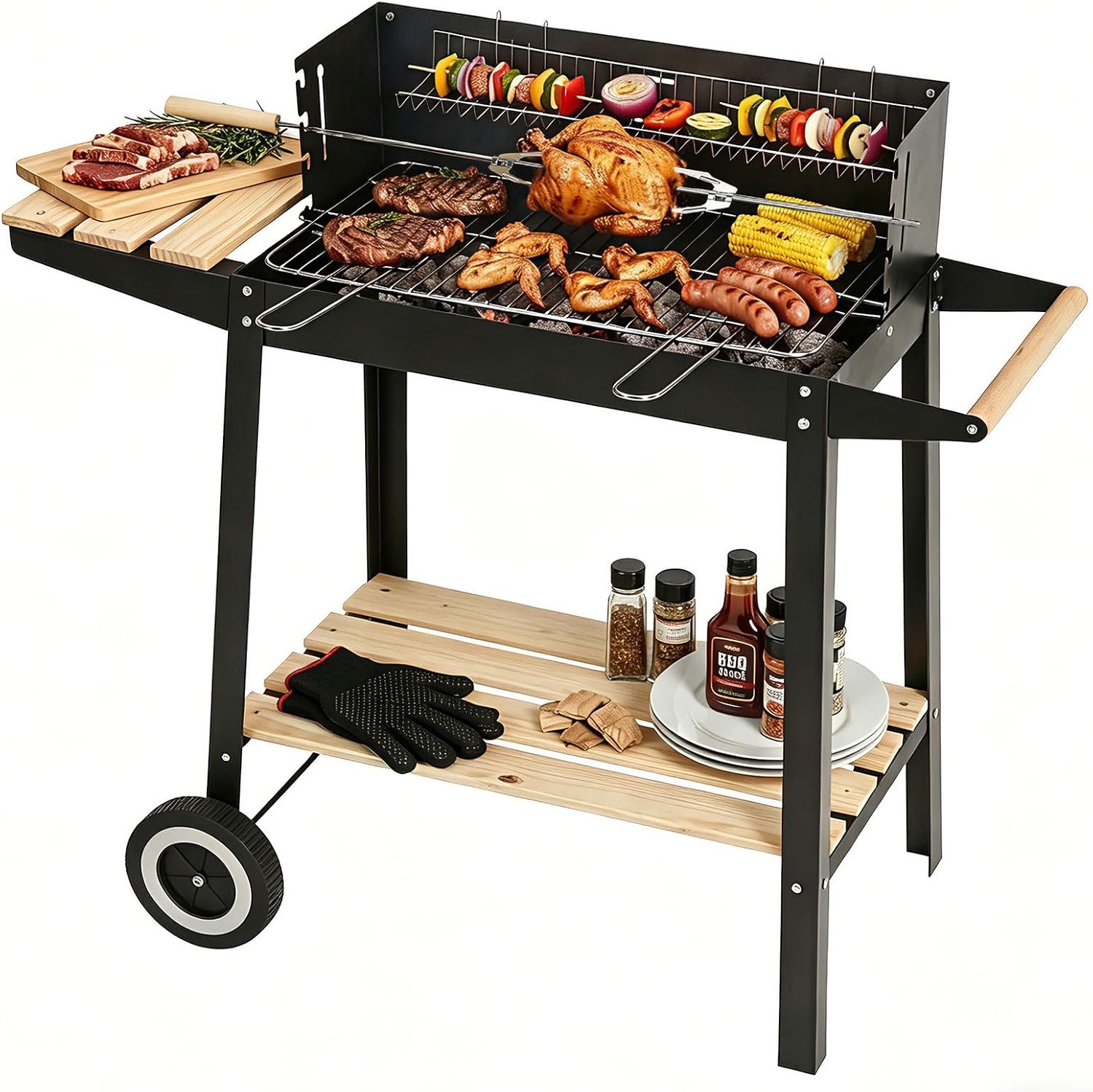 Portable Charcoal BBQ Grill, Trolley Barbecue with Warming Rack &amp; Rotisserie Spit